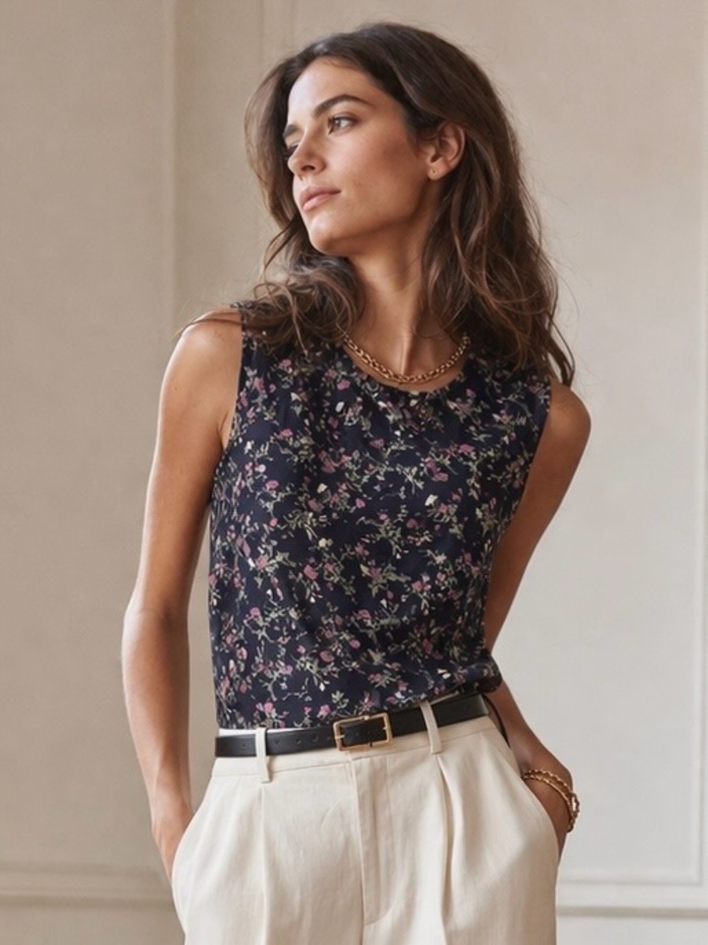 6397 Sleeveless Navy Floral Sheer Burnout Tank Top Size XS